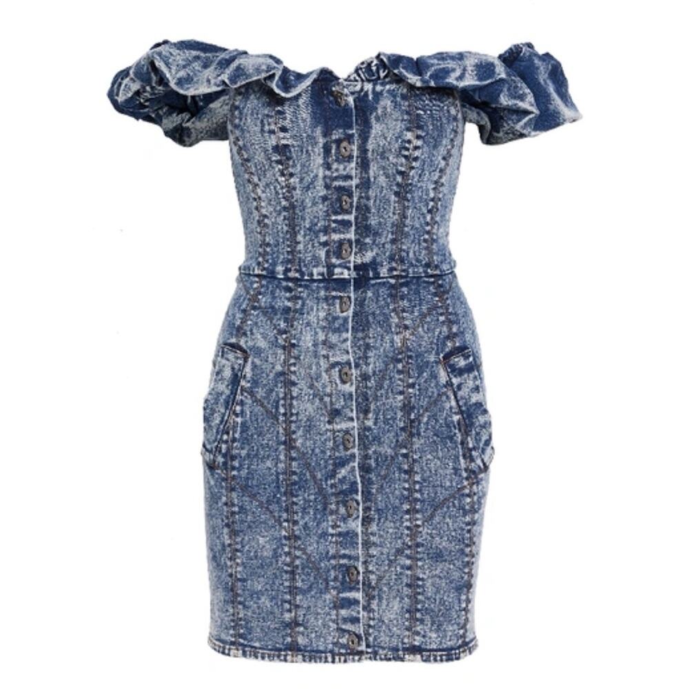 Misha Trisha Acid Wash Blue Denim Off The Shoulder Ruffle Mini Dress 10 - Picture 5 of 13